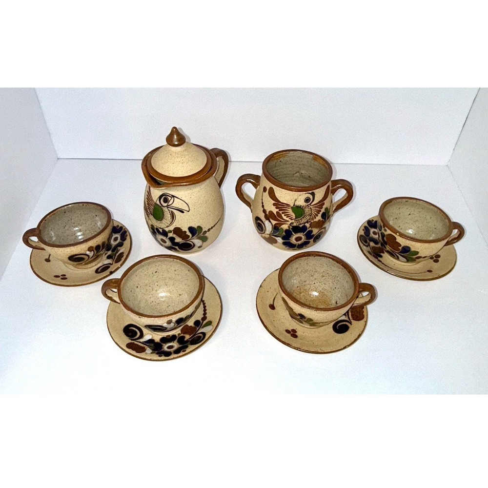 Vintage Set 10 Tea Cups Saucer Tonala Mexican Pottery‎ Folk Birds Hand Painted.
